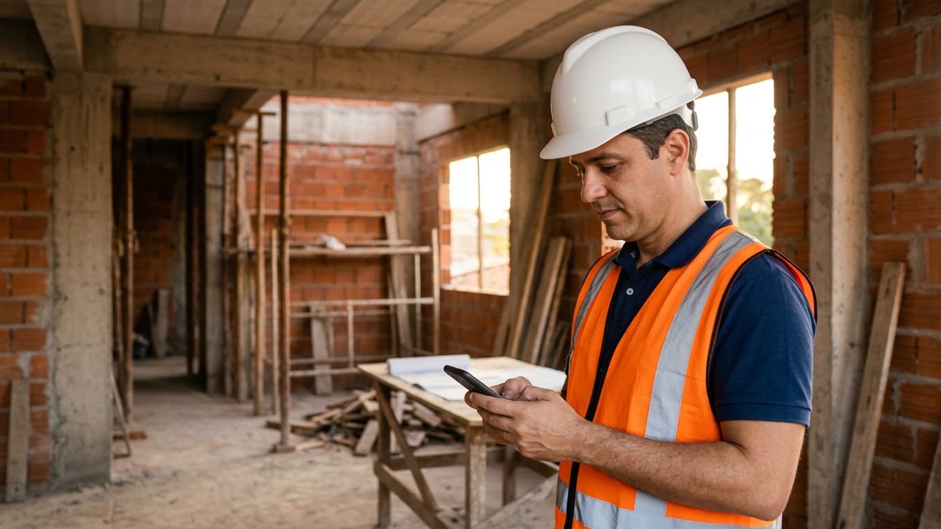 Engenheiro na obra mandando mensagem pelo celular